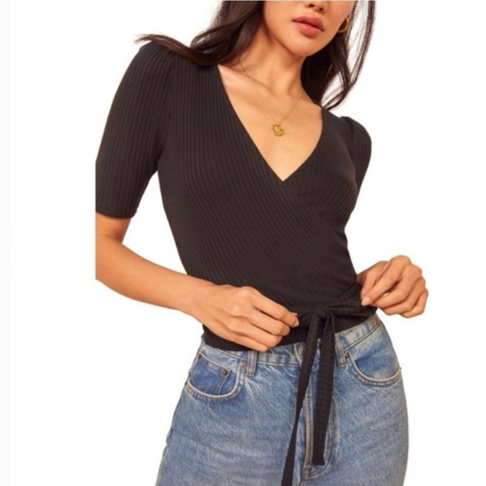 Reformation Rosebud Ribbed Wrap Crop Sweater Top EUC